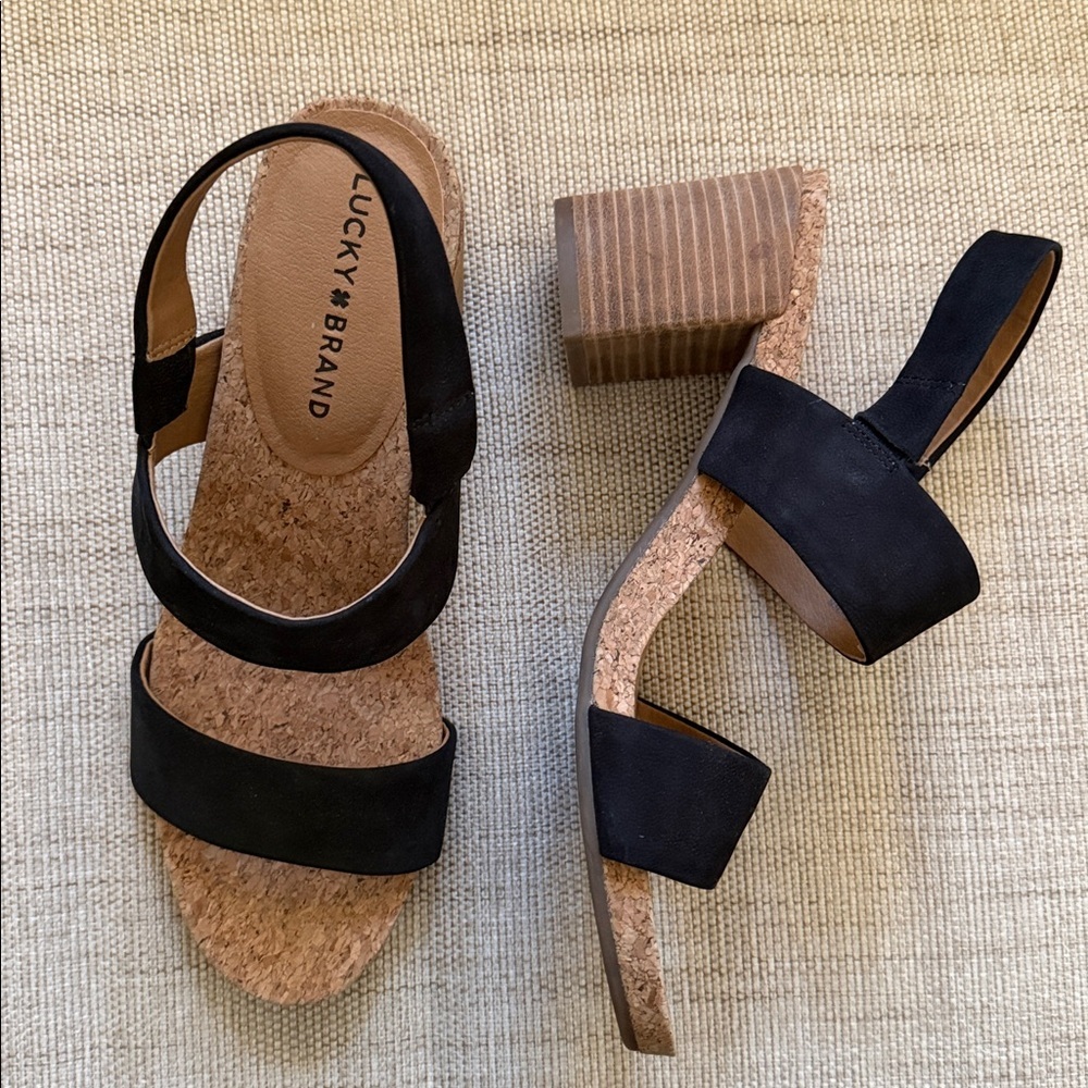 Lucky Brand Jobina Heel Sandal leather upper cork midsole stacked block heel EUC - Picture 4 of 16